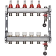 ColSys Р802, 5 выходов. Коллектор из нержавеющей стали с расходомерами, термостатическими клапанами, воздухоотводчиками и дренажными шаровыми кранами